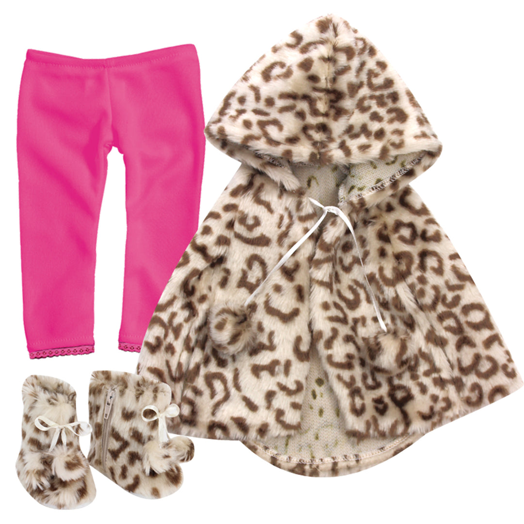 Sophia's 3 Piece Animal Print faux fur Cape, Boots and Leggings for 18" Dolls, Hot Pink/Tan