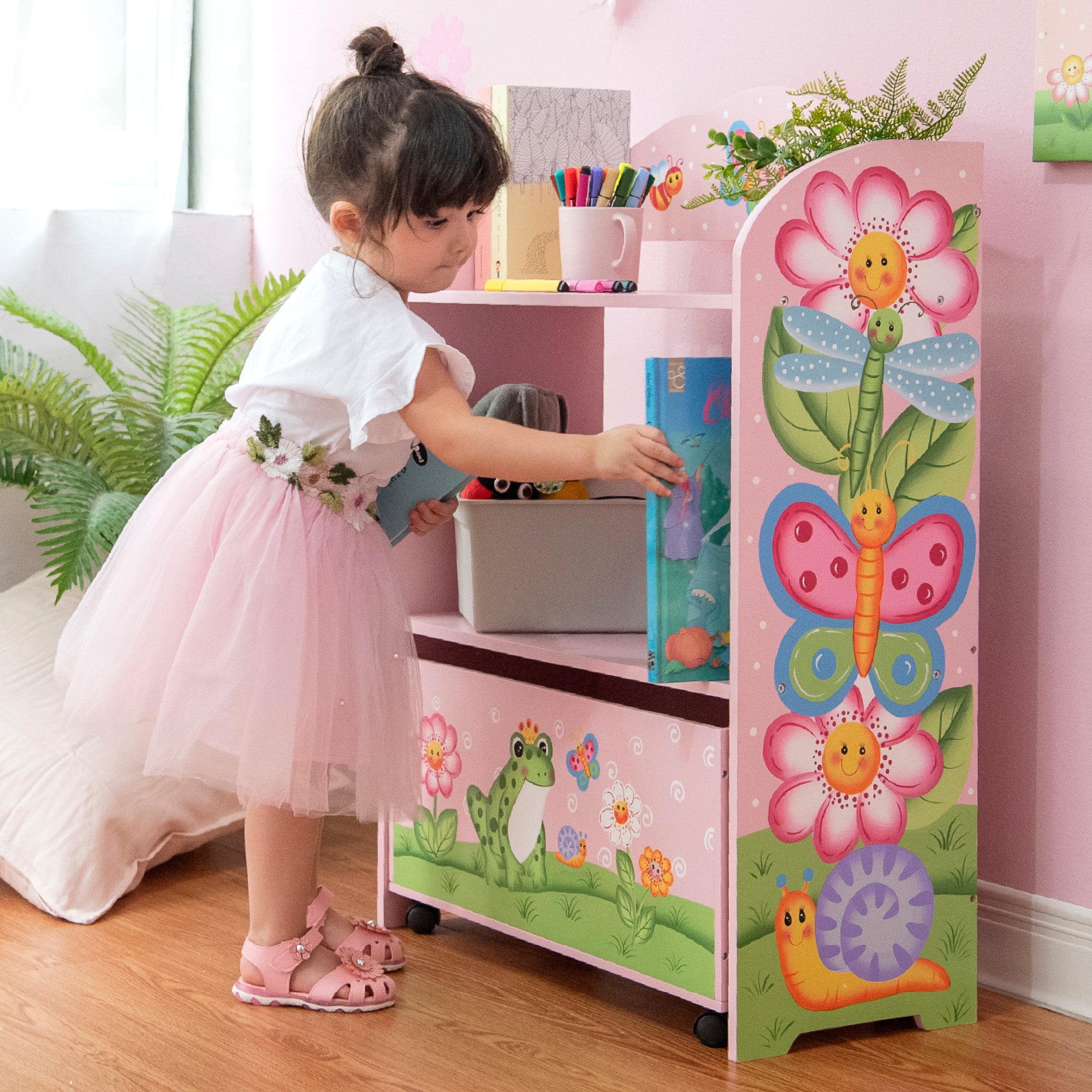 Fantasy Fields Magic Garden Kids Wooden Toy Organizer with Rolling Storage Box, Pink