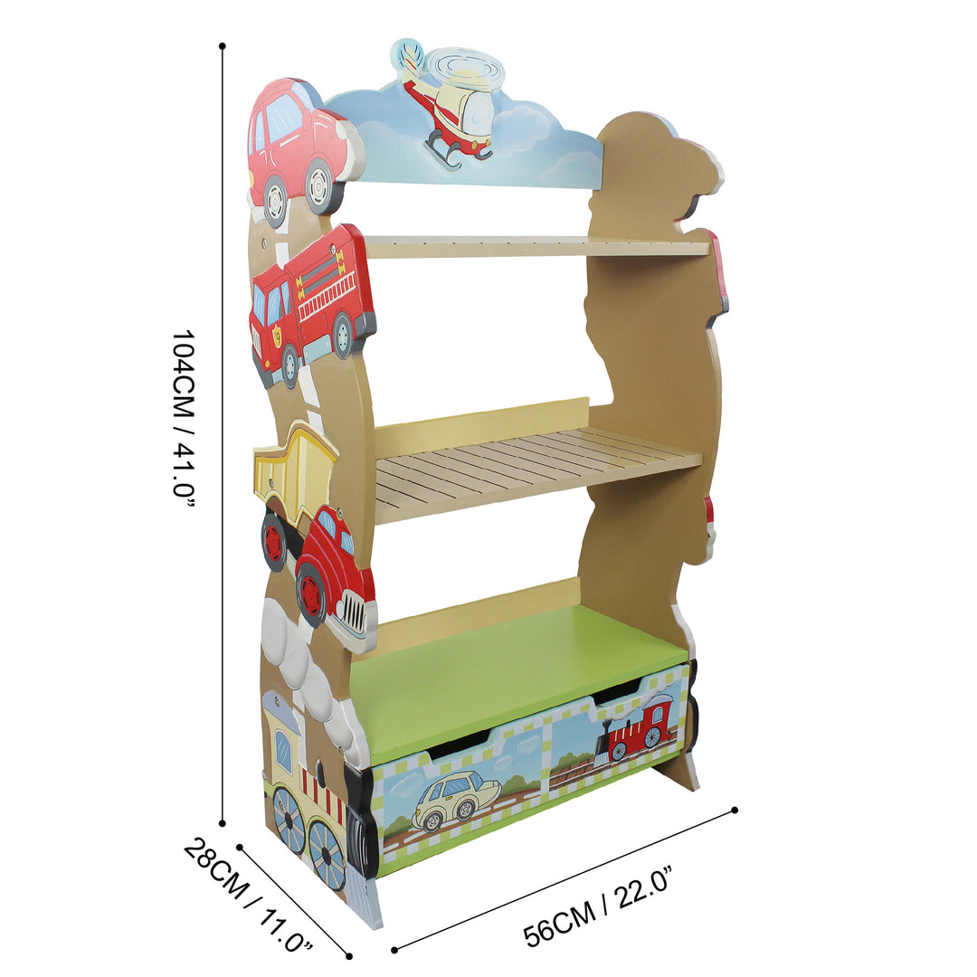 A Fantasy Fields Kids Transportation Themed Wooden Bookshelf with Storage Drawer, Multicolor.