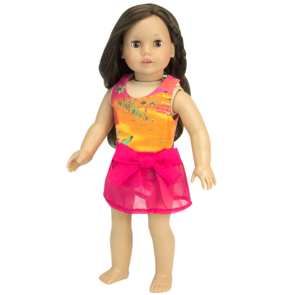 Sophia’s Seasonal One-Piece Sunset Design Bathing Suit & Sarong Cover-Up Skirt Summer Fun Outfit Set for 18” Dolls, Orange/Hot Pink