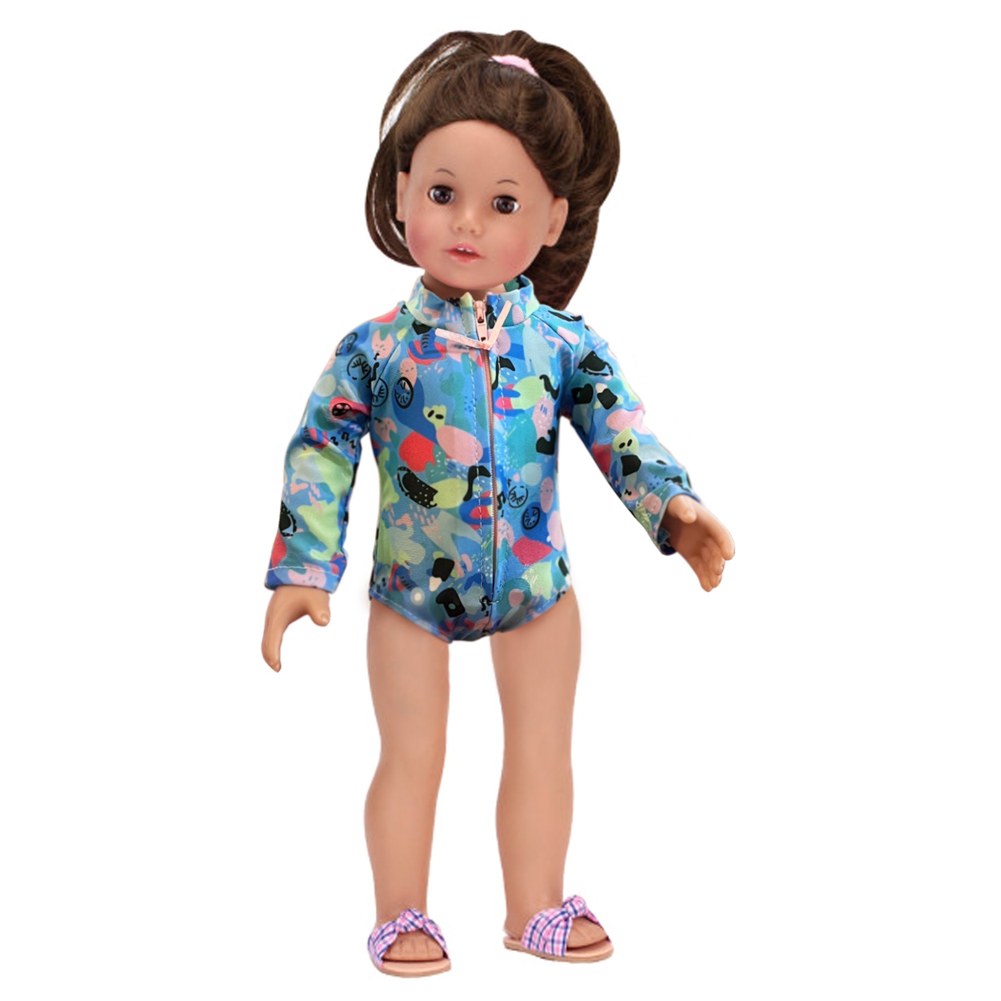 Sophia's Colorful Collage Print Long Sleeve Rash Guard Swimsuit for 18" Dolls, Blue