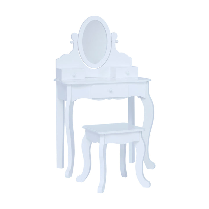 A Fantasy Fields Little Princess Rapunzel Vanity with Mirror, Drawers and Stool, White dressing table with a mirror and stool.