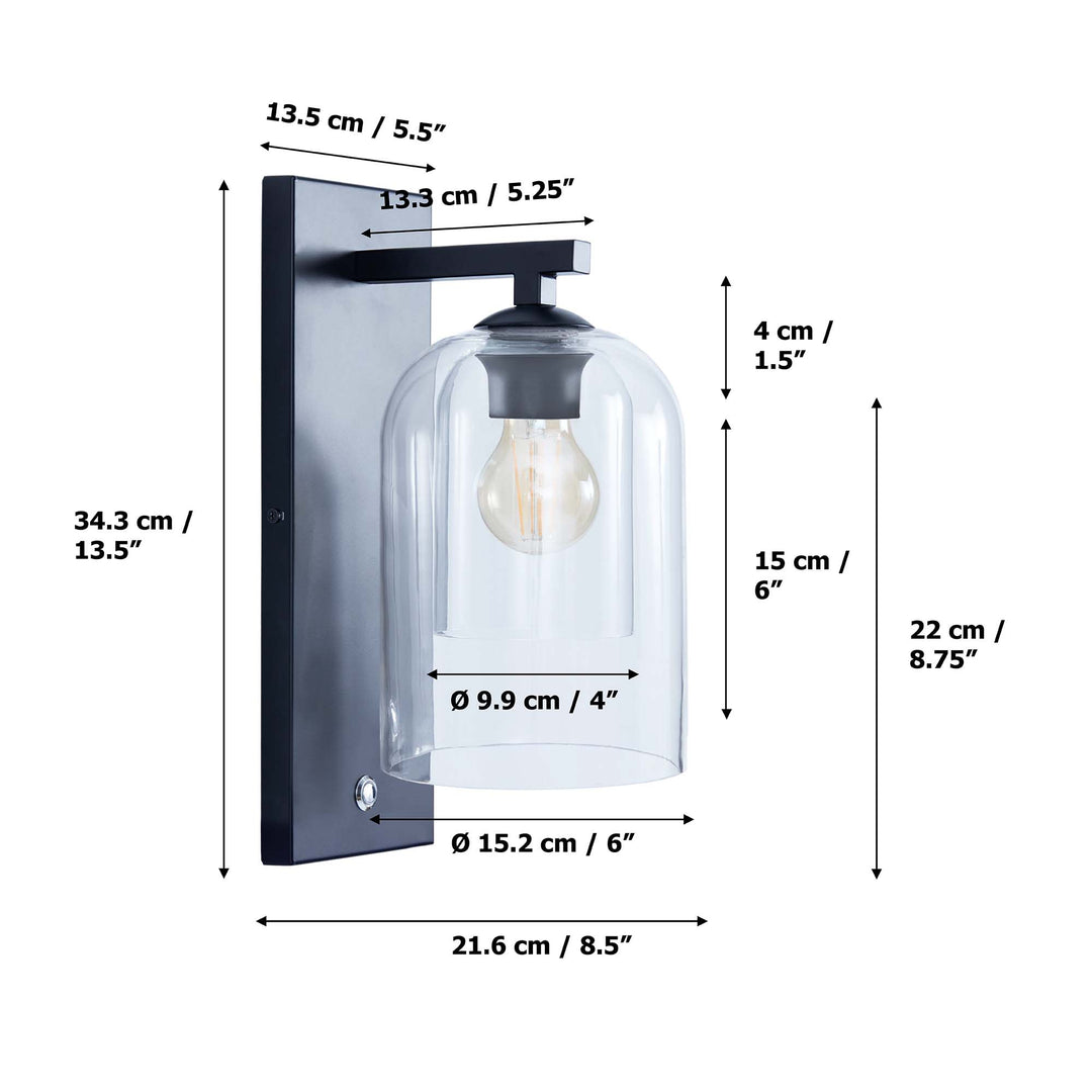 Teamson Home Matte Black Wall Sconce with Double Glass Shade with dimensions in inches and centimeters