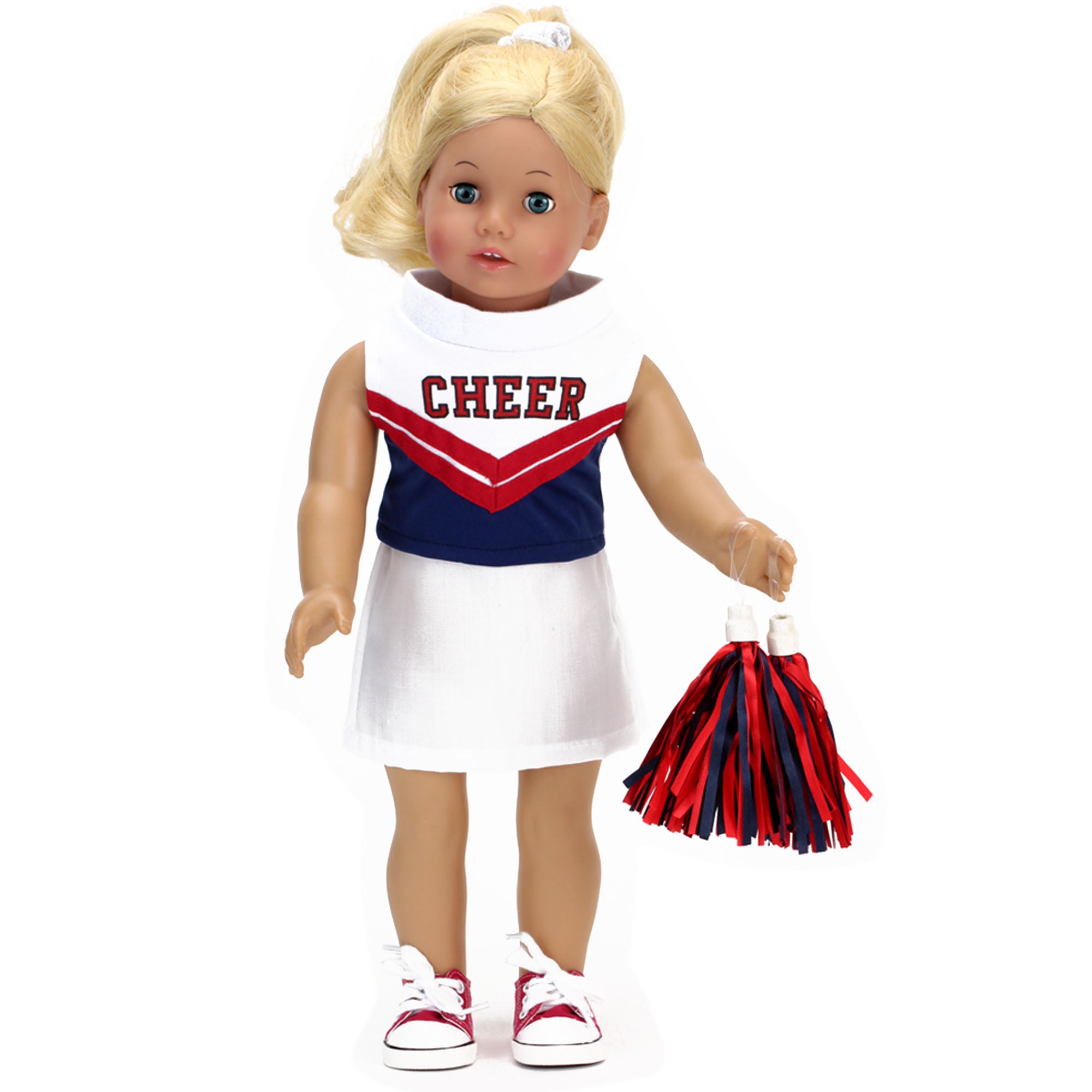 Sophia's 4 Piece Cheerleading Uniform with Pom Poms and Tennis Shoes for 18" Dolls, White/Red