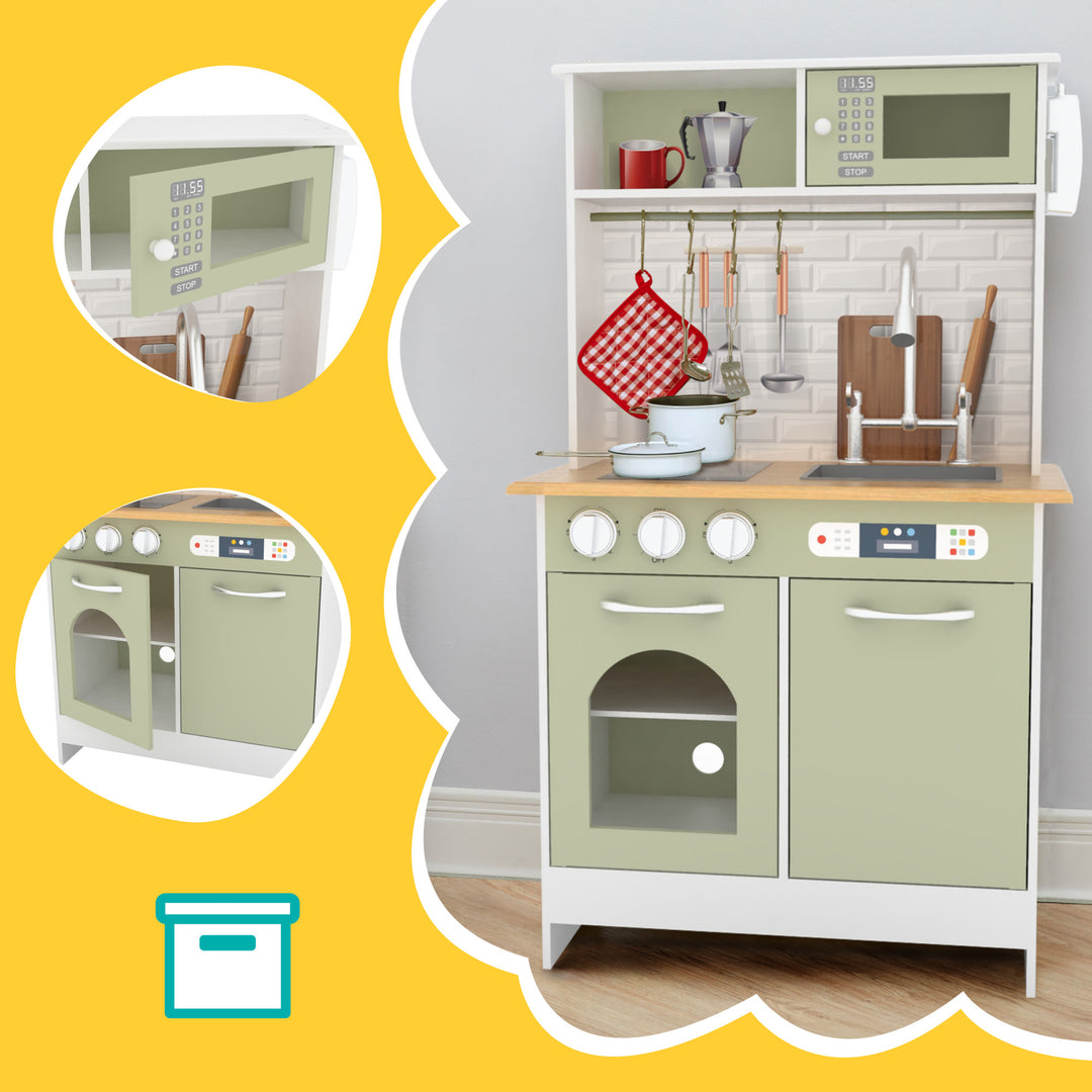 A Teamson Kids Little Chef Boston Modern Wooden Kitchen Playset, White/Green featuring a stove, oven, sink, and microwave in pastel green and white colors, complete with accessories and interactive features.