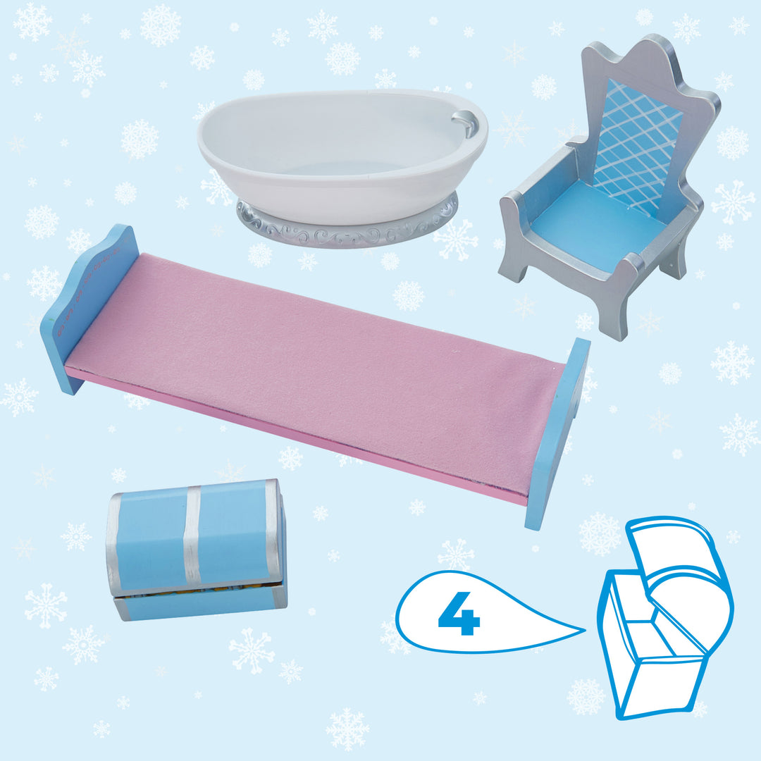 A set of Fantasy Fields Kids Dreamland Castle Vanity Set with Chair and Accessories, White/Blue toys with a bathtub, a bed, and a dresser.