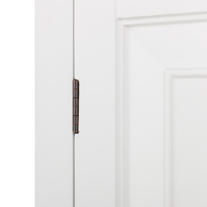 Door hinge on a Teamson Home St. James Wooden Linen Tower Cabinet with 2 Drawers, White.