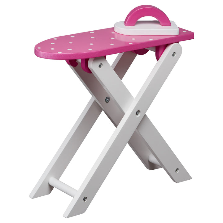 A pretend play Olivia's Little World Little Princess Wooden Doll Ironing Board and Iron with a pink handle for dolls.