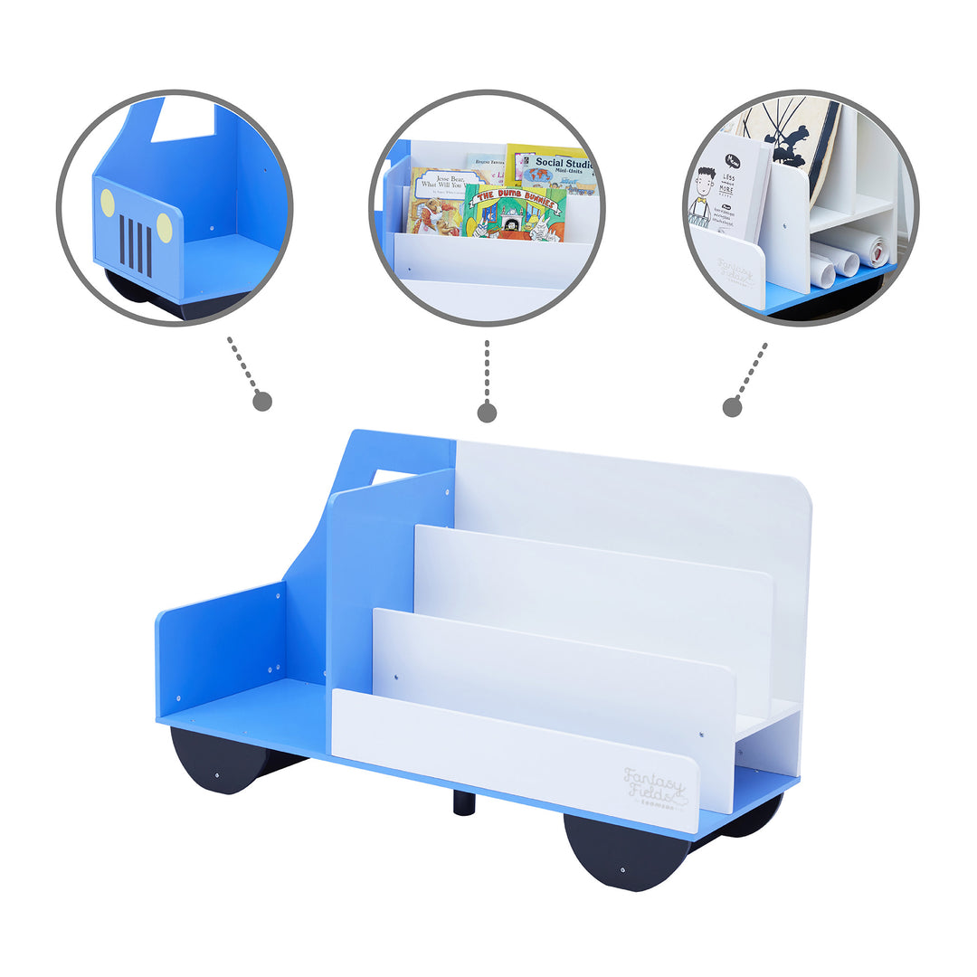Fantasy Fields  Truck Wooden Display Bookcase, White/Blue callouts including storage space, and shelving.