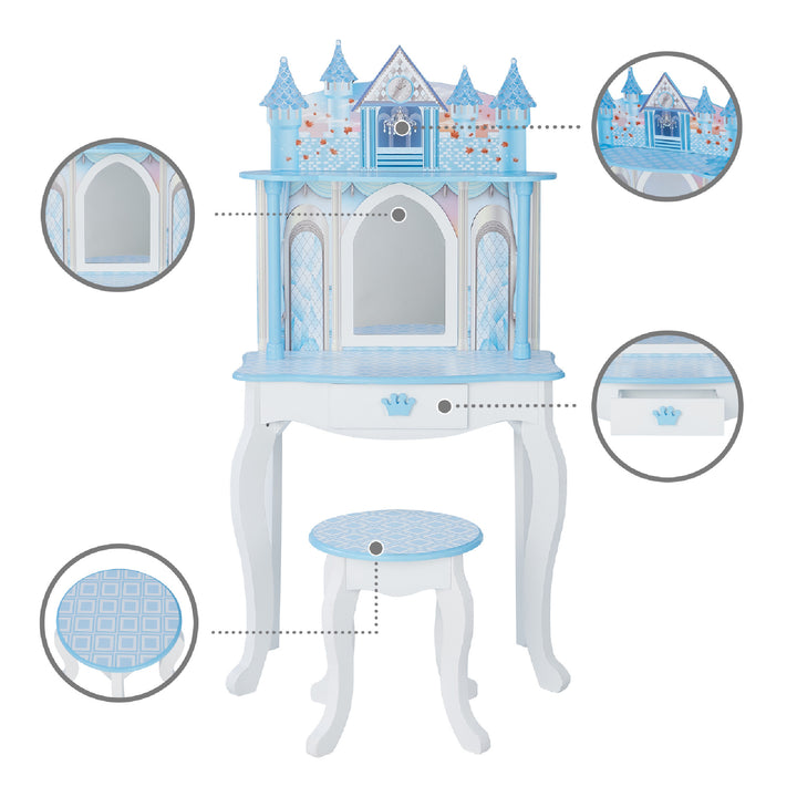 Callout features of the white and blue vanity set including an arch-shaped mirror, stool with a white and blue patterend seat, a white and blue ballroom scene for 12" dolls above the mirror, and a storage drawer with a blue crown-shaped handle.
