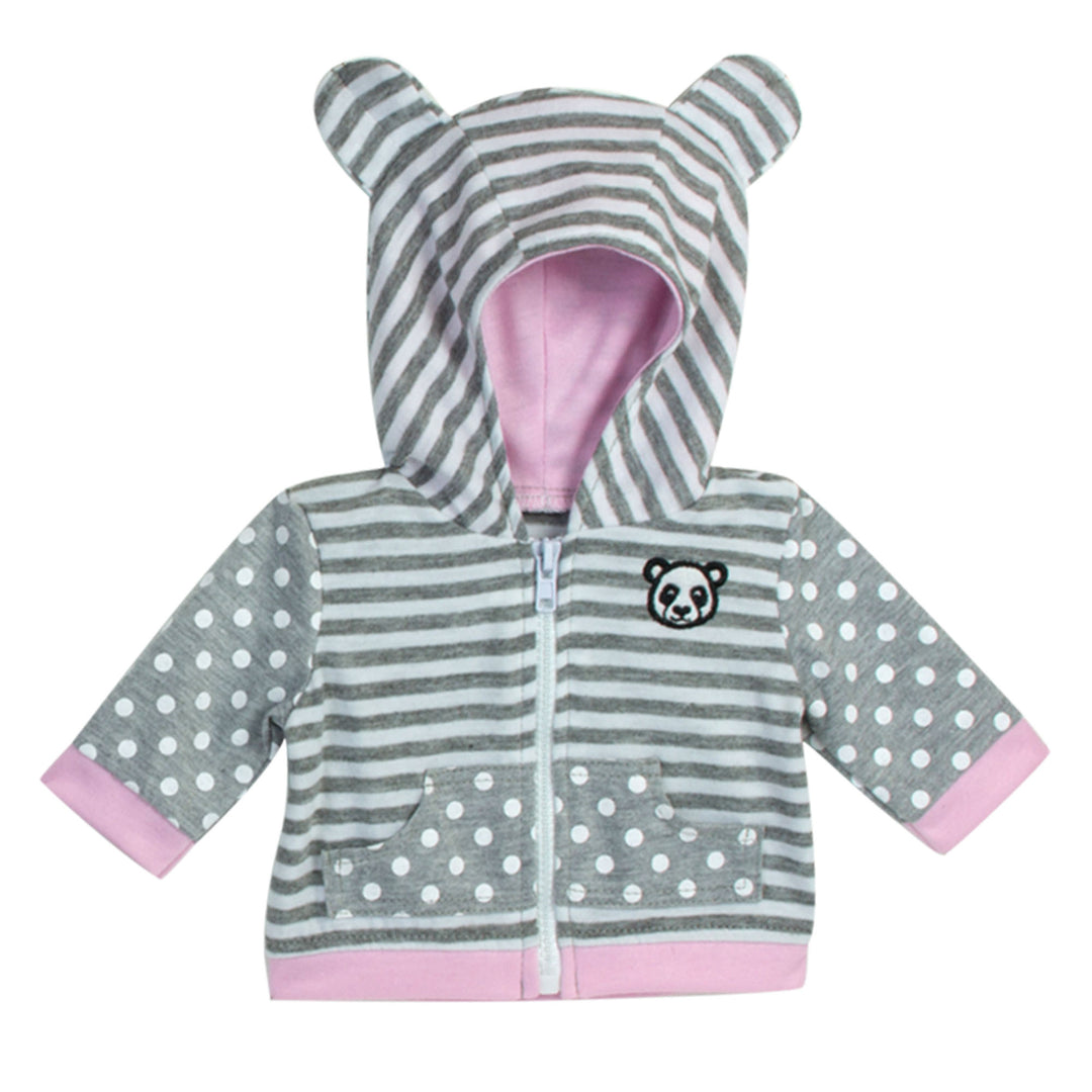 A gray polka dotted and striped hooded sweatshirt