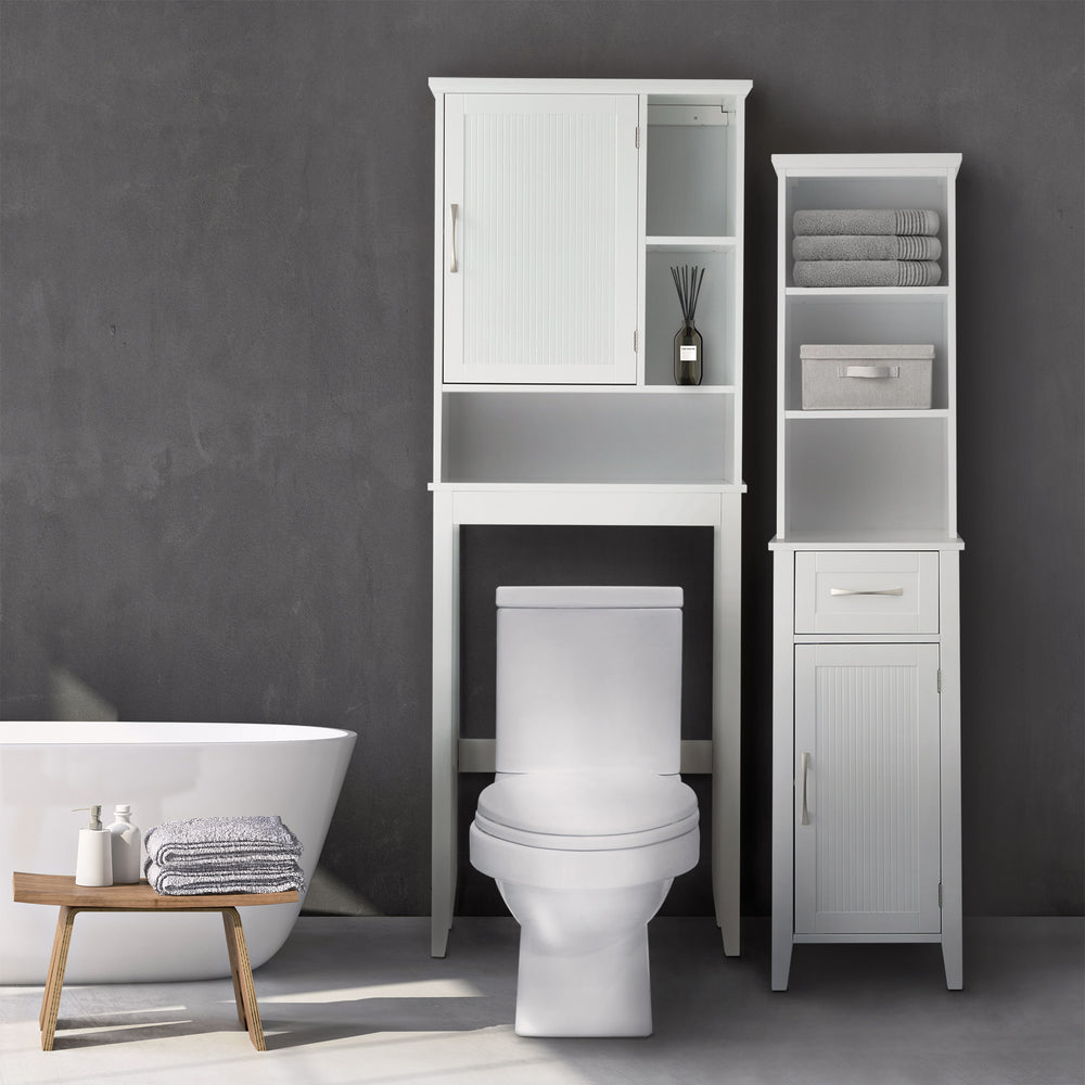 A White Teamson Home Newport Over-the-Toilet Cabinet with open shelving in a modern styled bathroom with gray walls