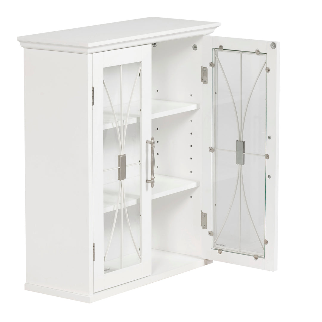 A side view of a Teamson Home White Delaney Removable Wall Cabinet, White, with the cabinet door open to reveal the adjustable internal shelves