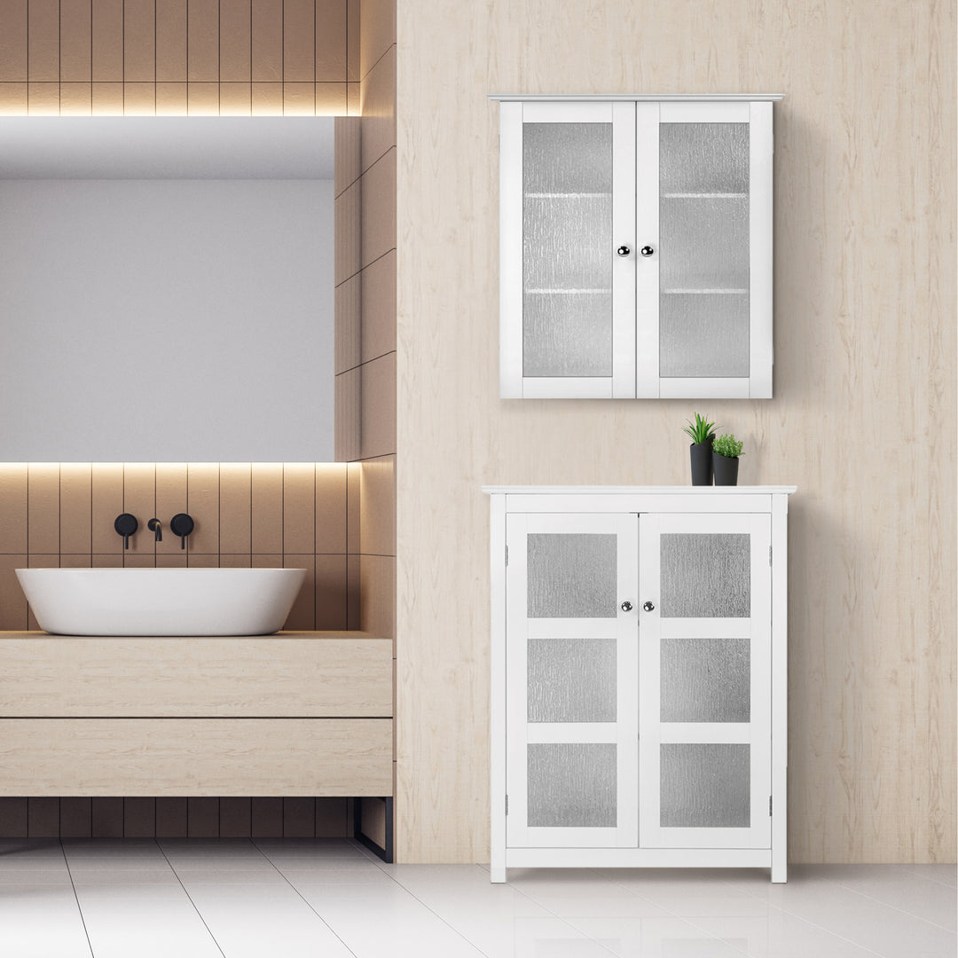 A modern bathroom with a Connor wall mounted cabinet and floor cabinet underneath, featuring water-textured glass panels and chrome pull knobs