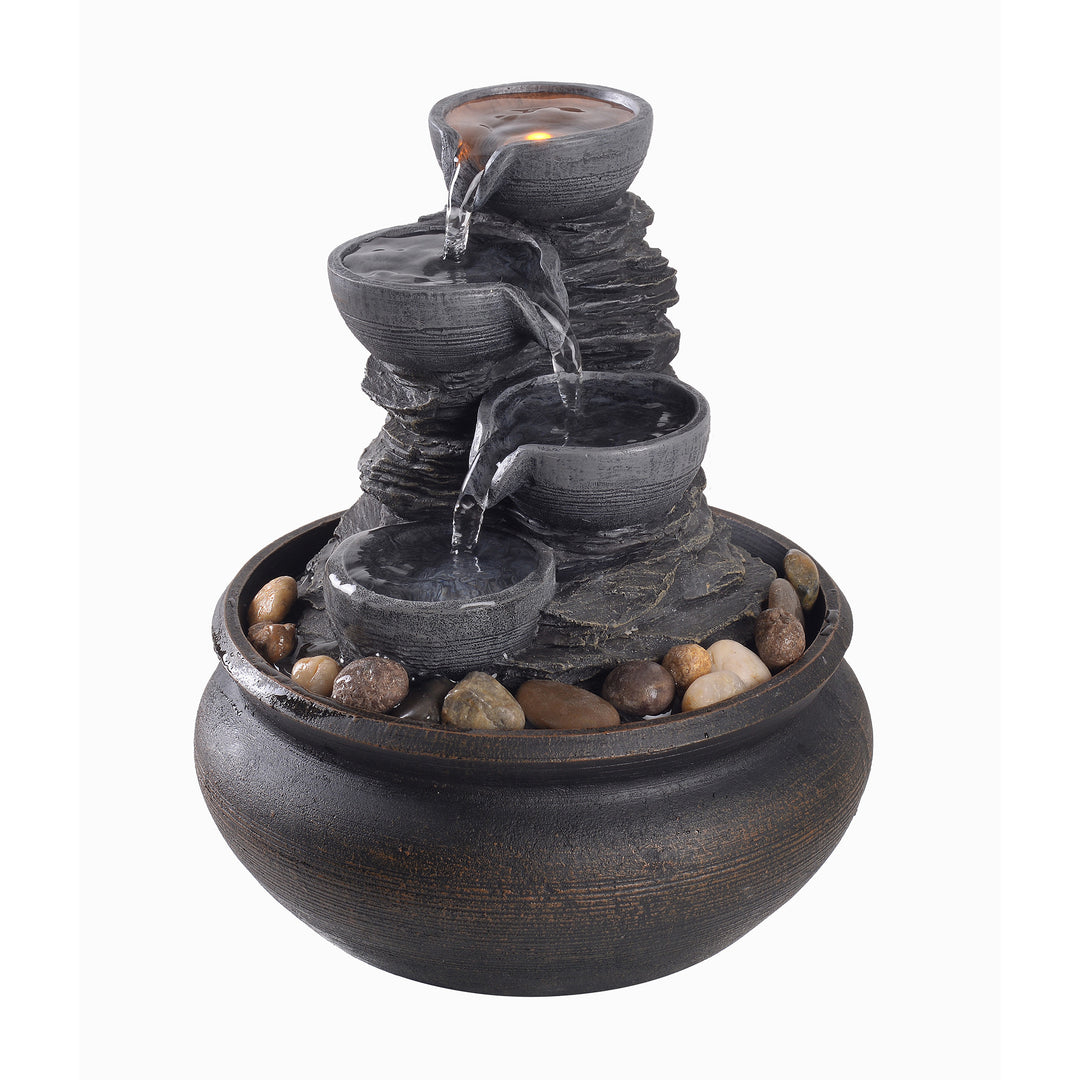 Teamson Home Tabletop Water Fountain, Stone Gray, with four tiers and pebbles on the base
