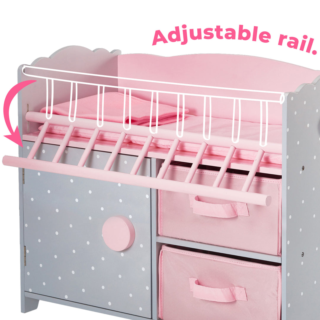 A close-up of the adjustable crib rail with the caption "Adjustable rail."
