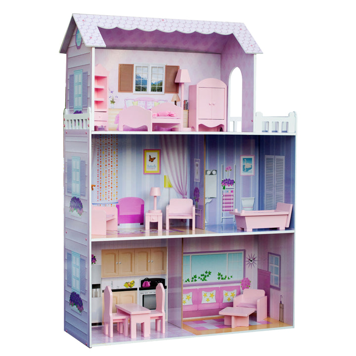 An image of Olivia's Little World Dreamland Tiffany Dollhouse with 12 Accessories, Pink/Purple suitable for Barbie sized dolls.