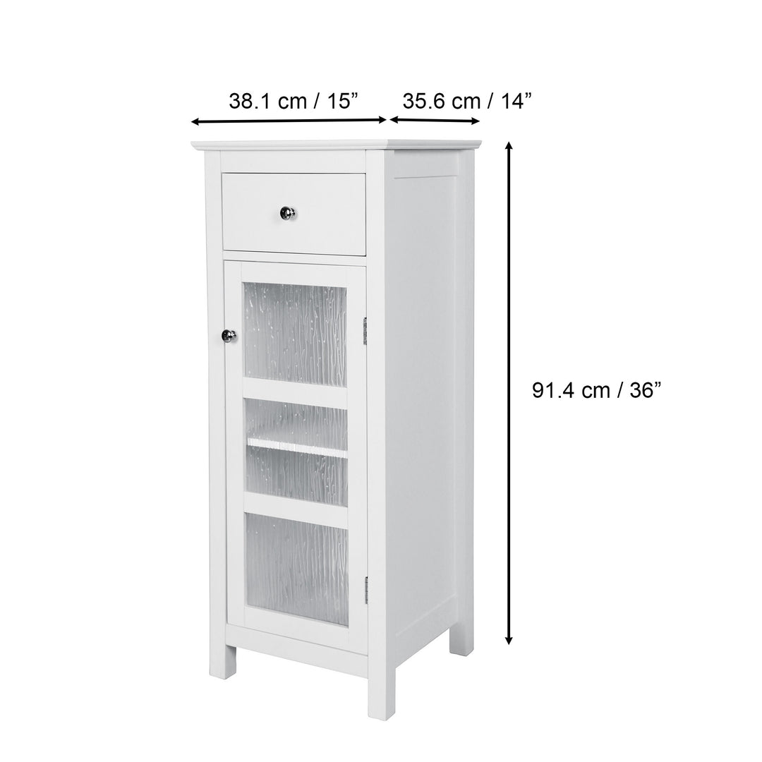 Teamson Home Connor Floor Cabinet with Adjustable Shelf and Storage Drawer, White bathroom cabinet with dimensions in Inches and centimeters