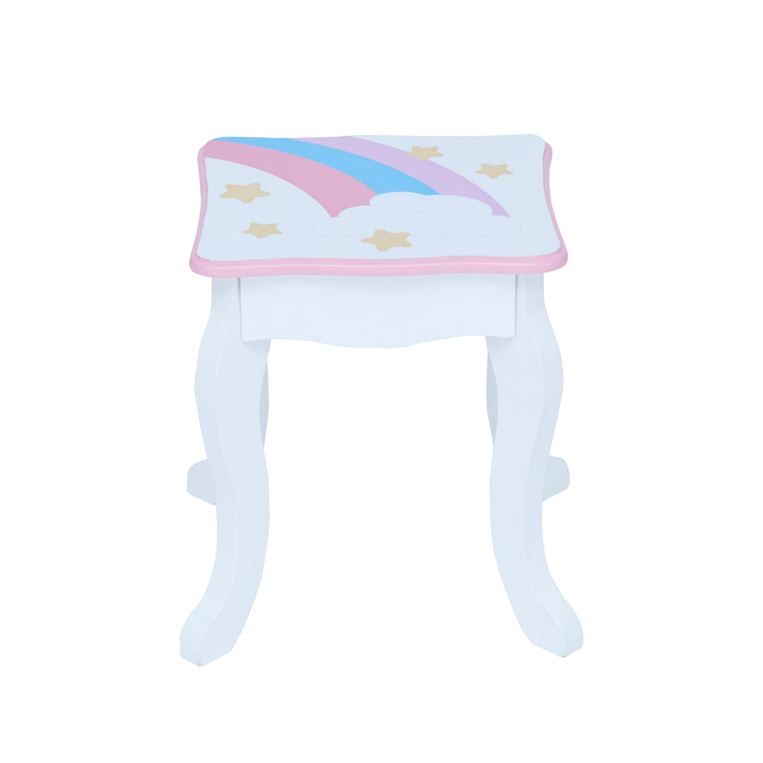  stool with a rainbow, unicorns, stars, and a mirror.