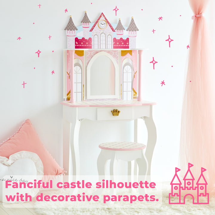 Charming Fantasy Fields Kids Dreamland Castle Vanity Set with Chair and Accessories, White/Pink silhouette with decorative parapets.