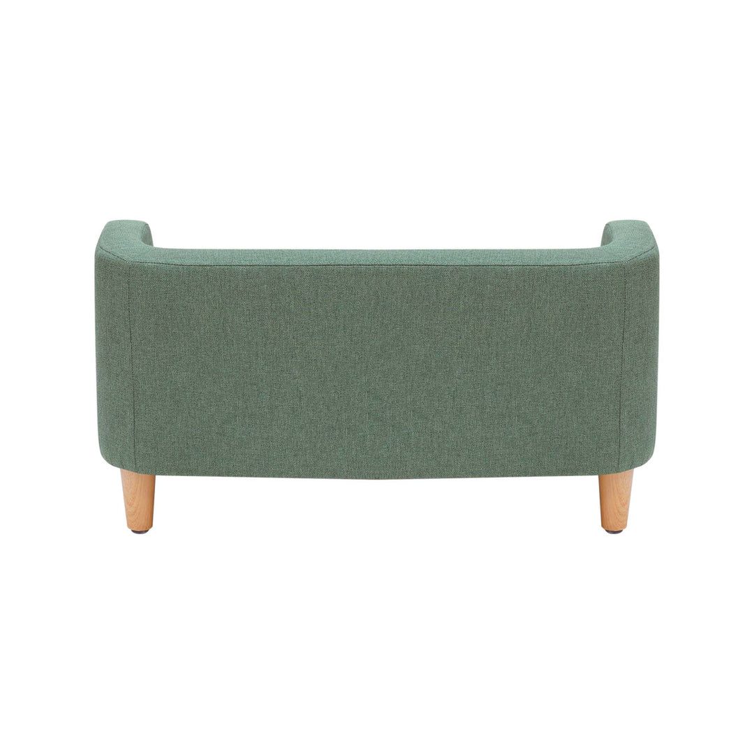  A view from behind of the Bennett Linen Sofa Pet Bed for Cats and Dogs in a two-toned sea green.