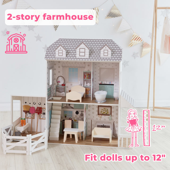 View of the dollhouse with the furnishings in all the rooms with the caption "2-story farmhouse" and "fit dolls up to 12"" with an icon of a barn and doll