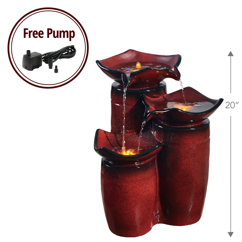 Teamson Home Outdoor 3-Tier Glazed Pot Floor Fountain with LED Lights, Red, with a callout featuring a photo of the free pump, and a 20" graphic for the height of the fountain