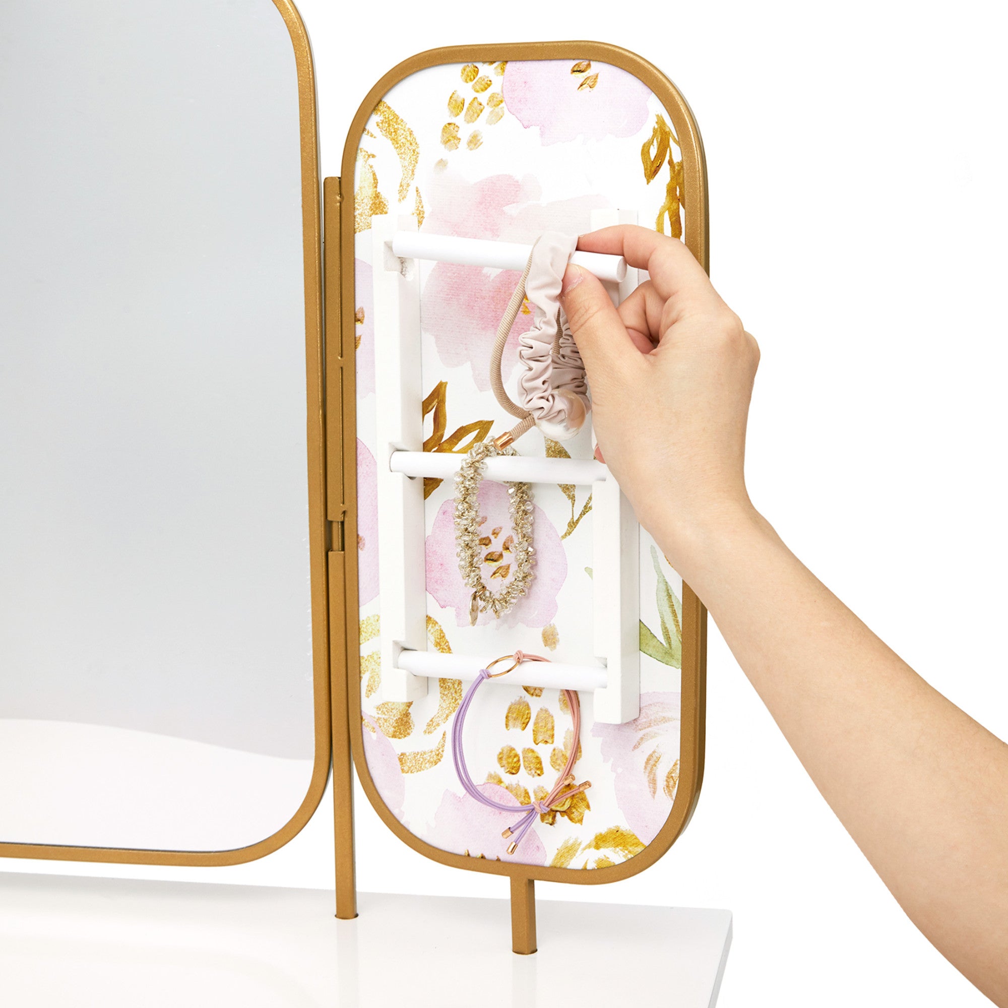 Fantasy Fields Little Lady Izabel Medium Floral Play Vanity Set with Matching Stool & Removable Faux Fur Cover, Floral Printed Panels, & Storage Drawer, White/Pink
