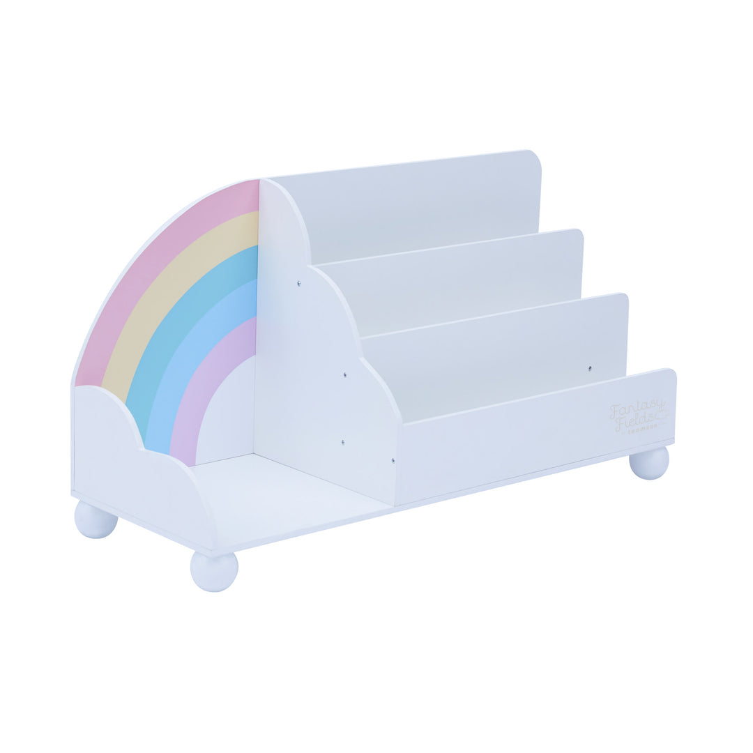 A Fantasy Fields Rainbow Wooden Display Bookcase, White with a rainbow on it.