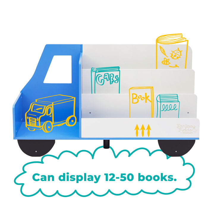 A Fantasy Fields Truck Wooden Display Bookcase, White/Blue that can display 12-50 books.