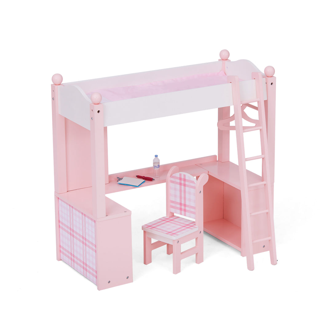 18" doll loft bed with a desk, chair, and ladder in pink with pink plaid print.