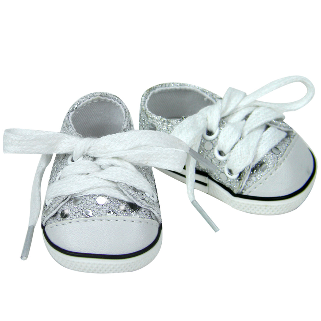 A pair of Sophia’s Silver Sequin Sneaker Shoes with Laces for 18" Dolls on a white background.