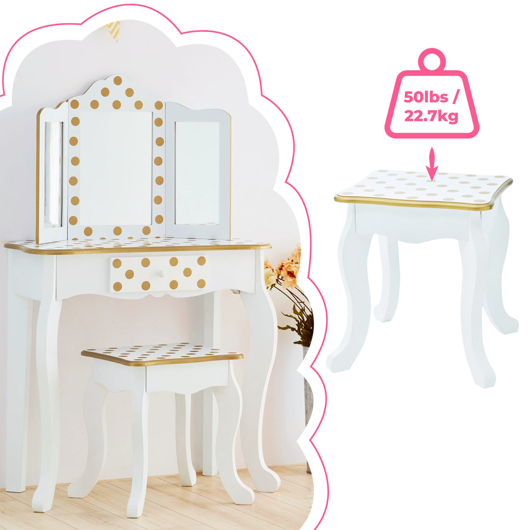 A white Teamson Kids Gisele Polka Dot Vanity Playset dressing table with a gold polka dot mirror and stool.