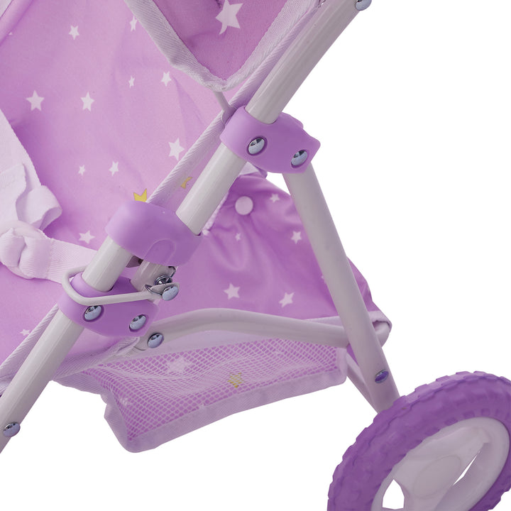 Close-up of the storage basket and the part of the frame that collapses of  a purple with white stars baby doll jogging stroller with purple wheels and a white frame.