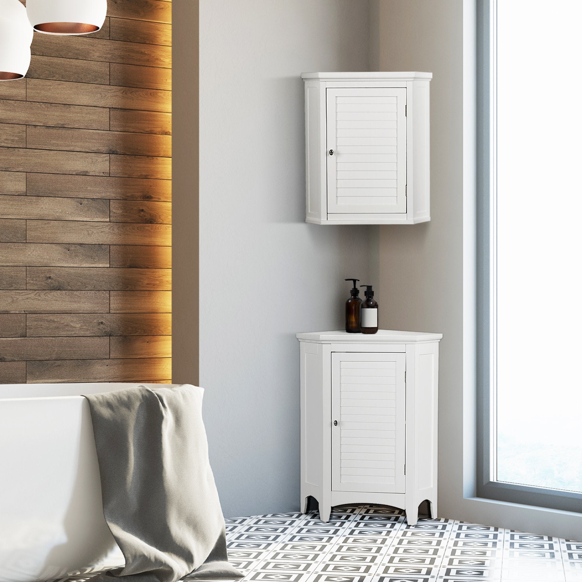 Teamson Home Glancy Wooden Corner Wall Cabinet with Shutter Door, White