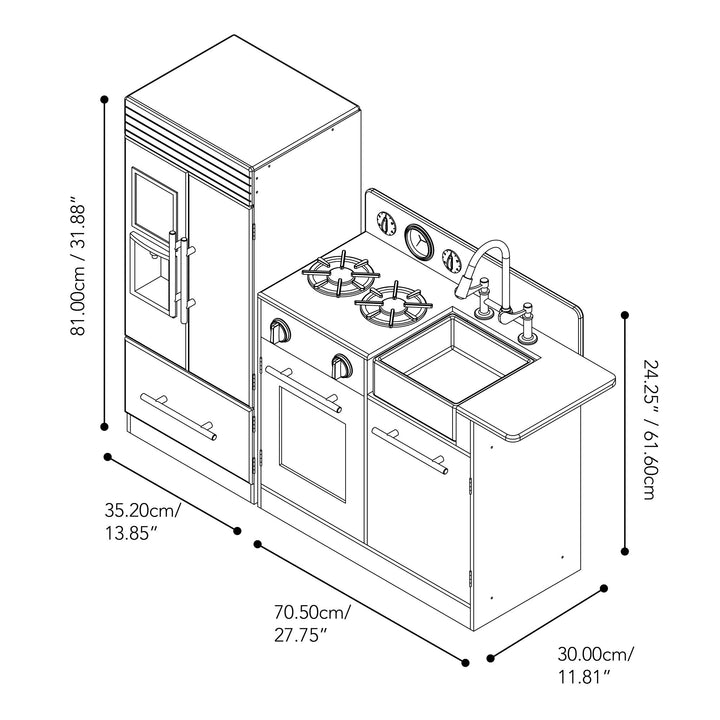 Exploded view illustration of a Teamson Kids Little Chef Charlotte Modern Play Kitchen, Silver Gray/Gold unit with dimensions, featuring a refrigerator, stove, sink, and storage compartments.