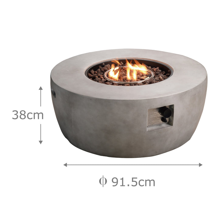 Round Teamson Home 36" outdoor propane gas fire pit with faux concrete base, gray with dimensions labeled: height 38 cm, diameter 91.5 cm.