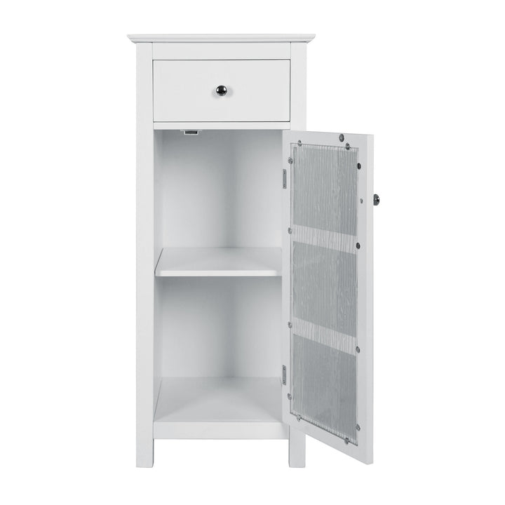 Teamson Home Connor Floor Cabinet with Adjustable Shelf and Storage Drawer, White nightstand with an easy assembly open cabinet door and a drawer.