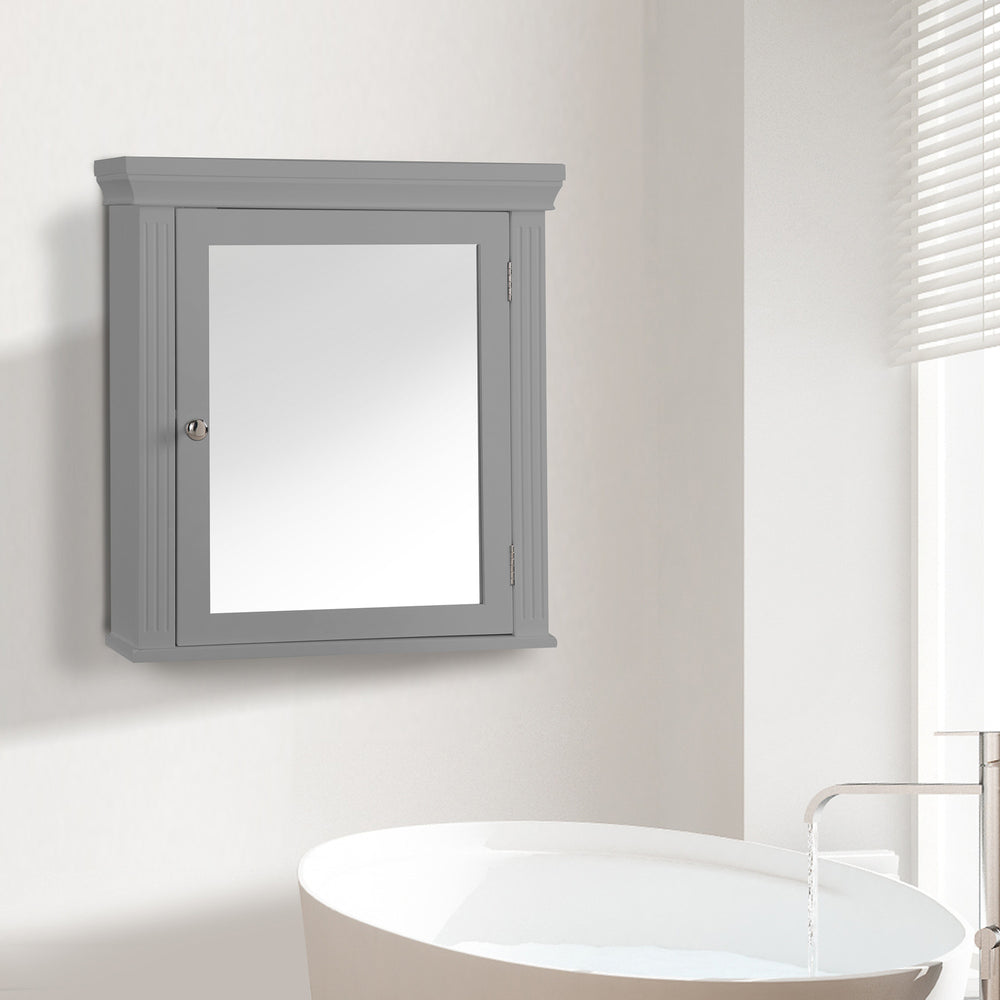 A Gray Teamson Home Removable Mirrored Medicine Cabinet mounted on a white wall next to a contemporary white sink