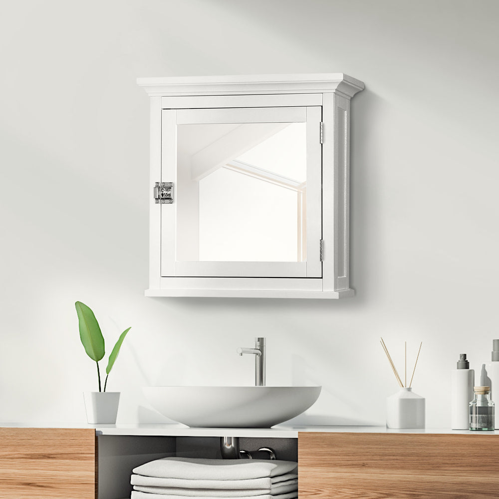 White Teamson Home Madison Removable Mirrored Medicine Cabinet with Crown Molded Top mounted over a contemporary sink