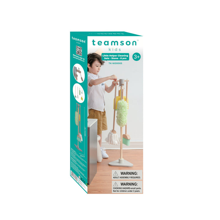 Photo of the box for the Teamson Kids 6 Piece Little Helper Cleaning Set, wooden toy kitchen set with accessories. 