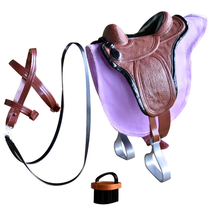 A set of equestrian accessories with a brush, saddle and bridle for 18" Dolls.