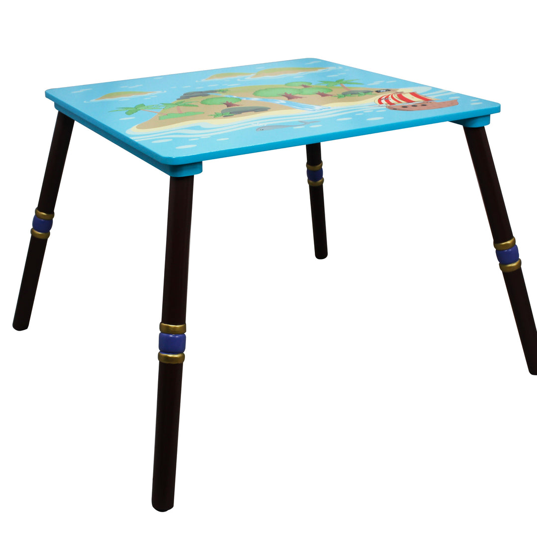A child-sized table with black legs and a light blue tabletop with a pirate-themed illustration.