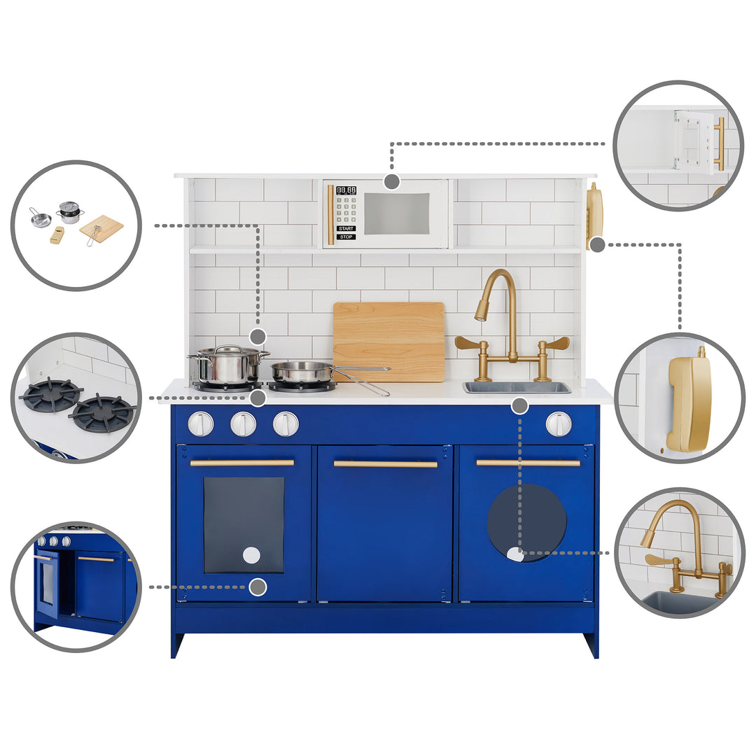 Kitchen layout with blue cabinets and appliances, highlighted Teamson Kids Little Chef Berlin Play Kitchen with Cookware Accessories, White/Blue for a kids kitchen playset and accessories.