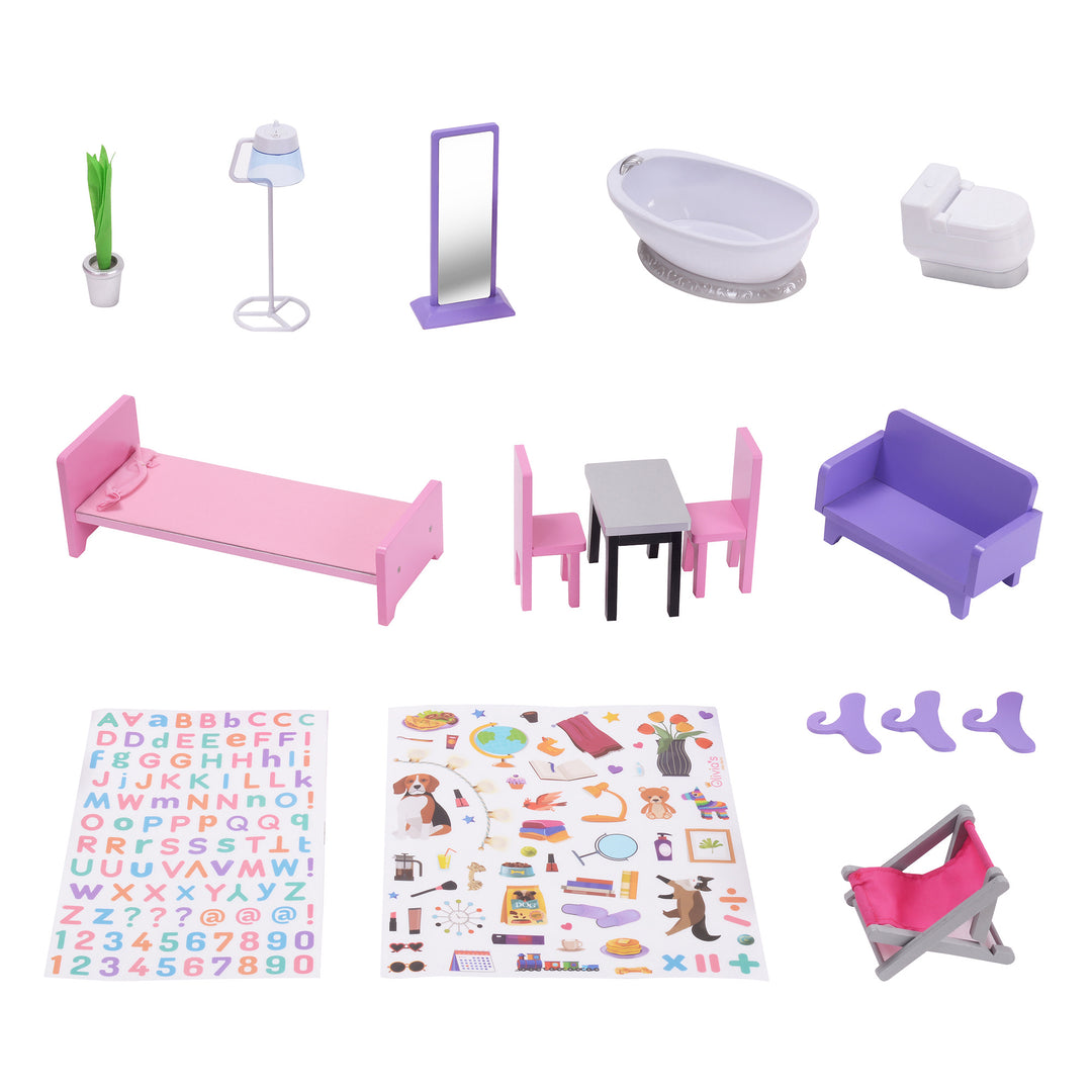 Accessories that come with the dollhouse: a potted plant, a floor lamp, a full-length mirror, bathtub, toilet, pink bed, a table and two pink chairs, purple sofa, purple hangers, and pink beach chair, and two sheets of stickers.