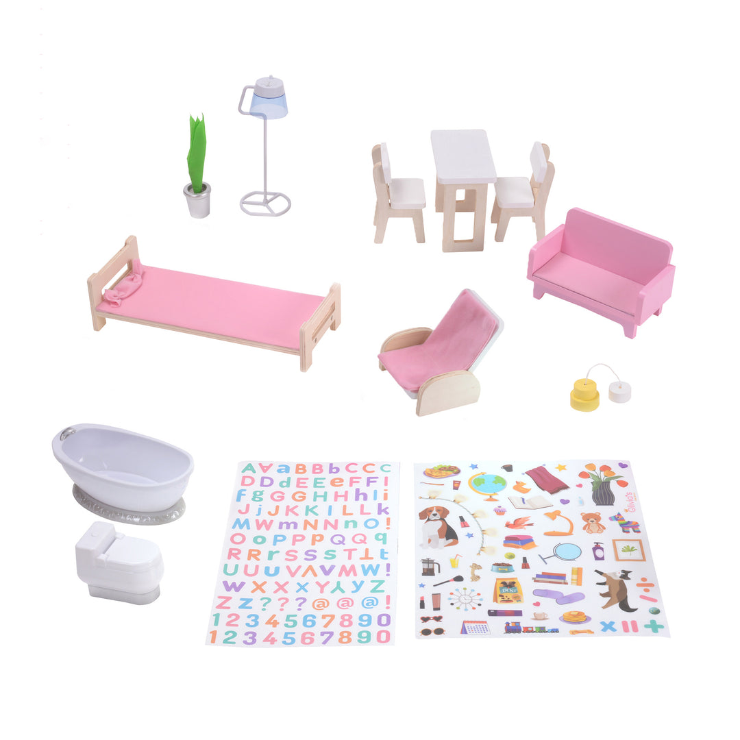 The accessories included: a potted plant, a floor lamp, a white and wooden table and two chairs, a pink sofa, a pink bed, a pink lounge chair, a pendant lamp, a white bathtub, a white toilet, a sheet of letter stickers, a sheet of decorative stickers.