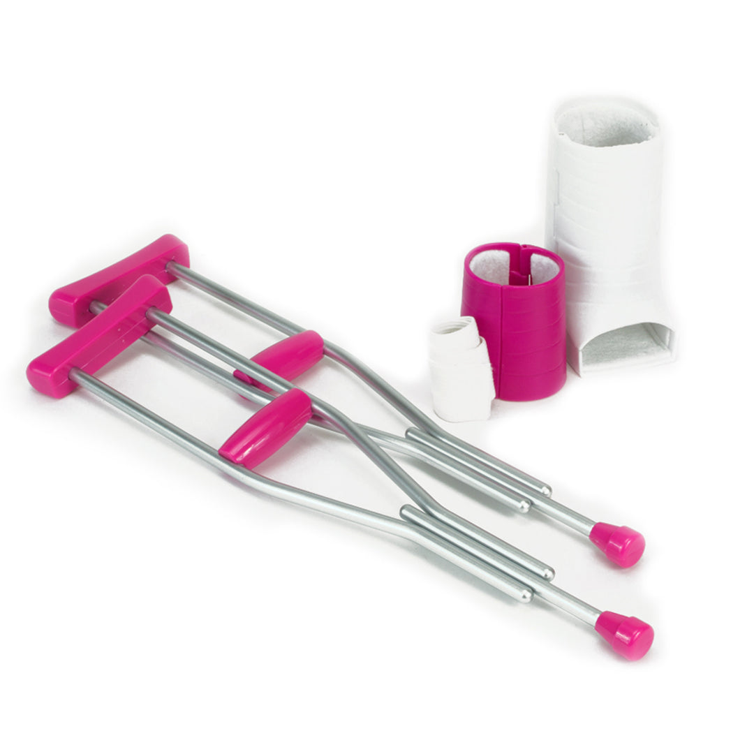 A set of 18" Doll Cast & Crutches Accessories Set with 2 casts, a medical wrap, and crutches.