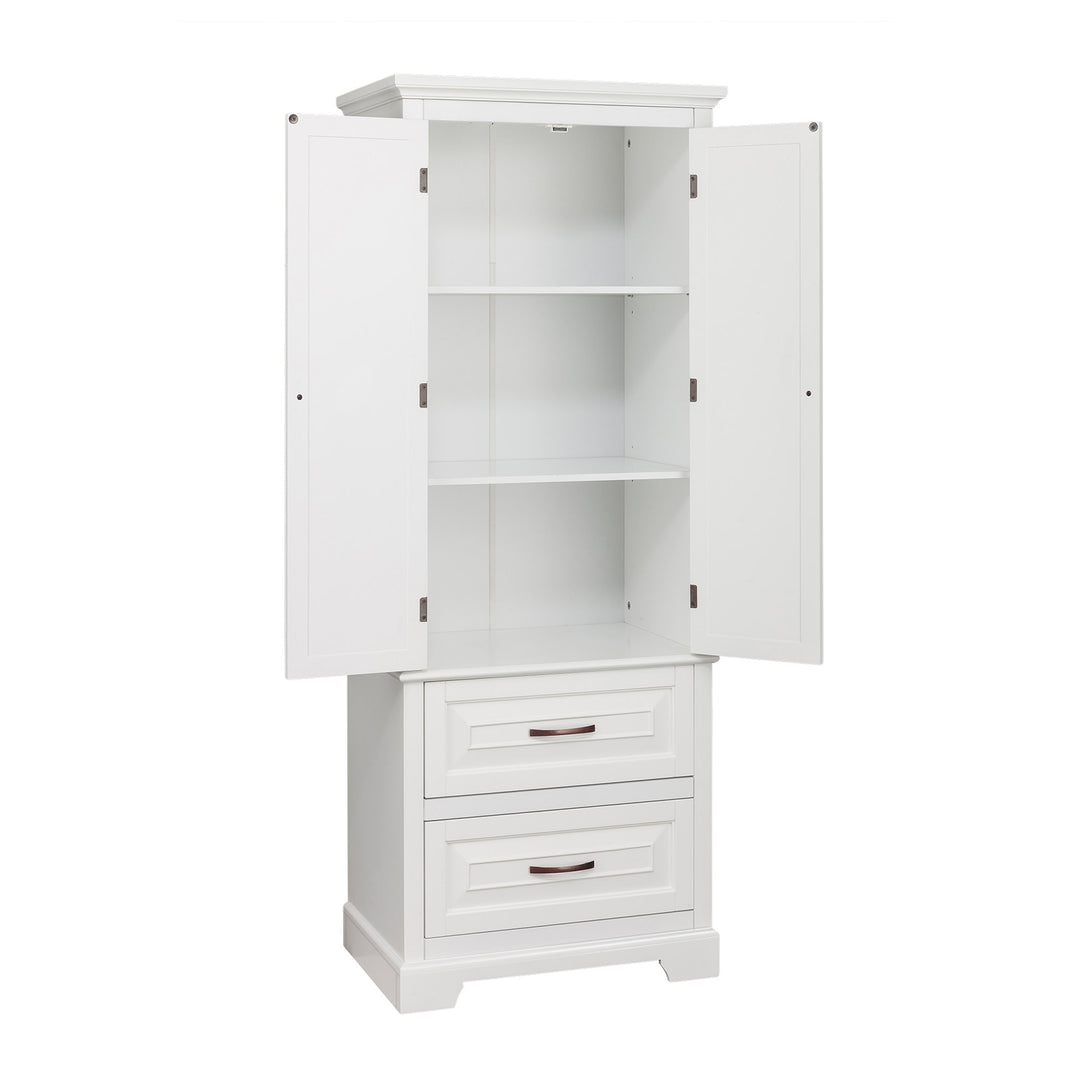 Teamson Home St. James Wooden Linen Tower Cabinet with 2 Drawers, White with open doors