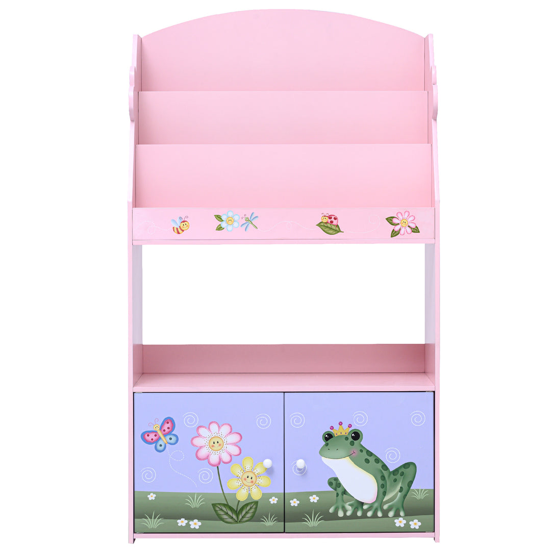 A Fantasy Fields Magic Garden Kids 3-Tier Wooden Bookshelf with Storage, Multicolor with a frog on it, perfect for kids' storage.