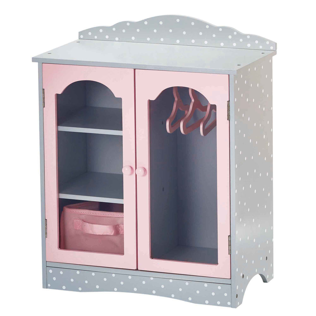 A pink and gray polka dot Olivia's Little World Polka Dots Princess Toy Closet with Hangers for 18" Dolls.